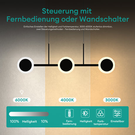 glasvilla Lampadario a Sospensione 24W, 70CM, Lampada da Soffitto a Sospensione Dimmerabile con Telecomando 3000K/4000K/6000K per Sala da Pranzo, Camera da Letto e Soggiorno