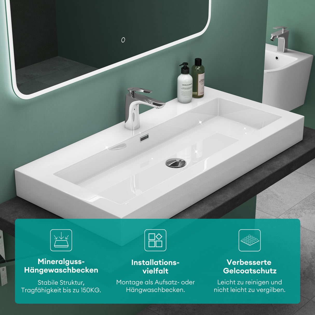 glasvilla Lavabo da Appoggio da Marmo Fuso Lavandino Bagno Rettangolare con 1 Foro per Rubinetto Colossum18