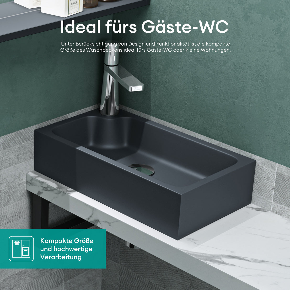 glasvilla Waschbecken Gäste WC Aufsatzwaschbecken mit Hahnloch 46x26x11cm Mineralguss Eckig Klein Waschschale Waschplatz Colossum101