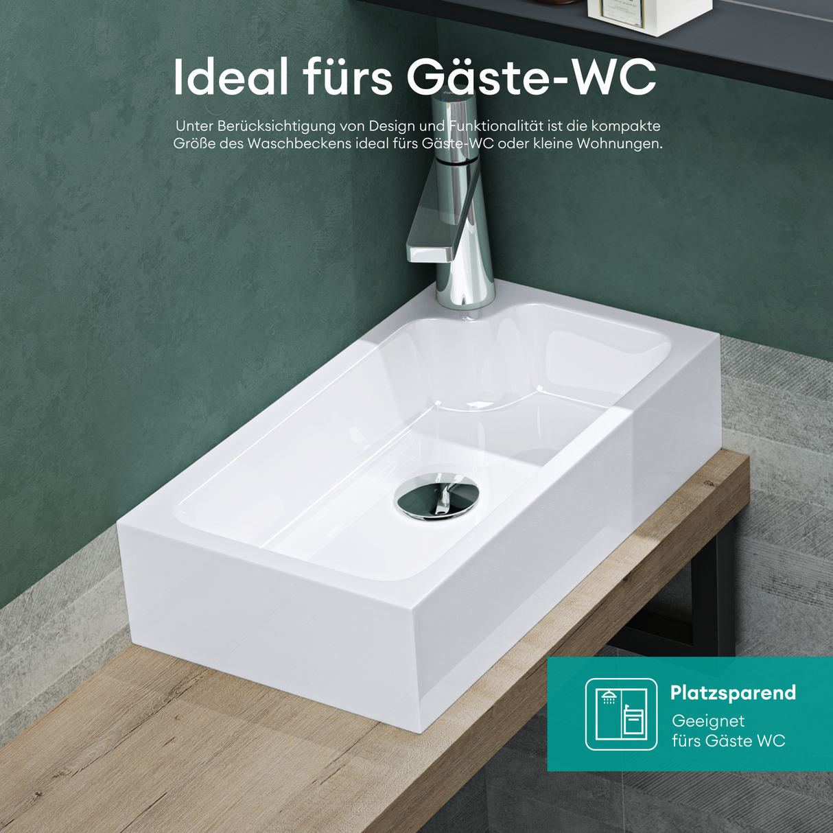 glasvilla Waschbecken Gäste WC Aufsatzwaschbecken mit Hahnloch 46x26x11cm Mineralguss Eckig Klein Waschschale Waschplatz Colossum101