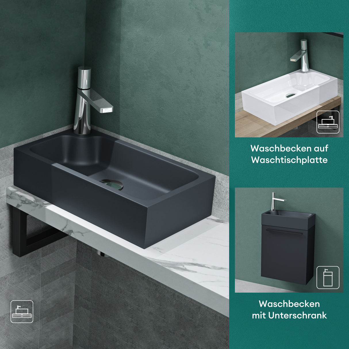 glasvilla Waschbecken Gäste WC Aufsatzwaschbecken mit Hahnloch 46x26x11cm Mineralguss Eckig Klein Waschschale Waschplatz Colossum101