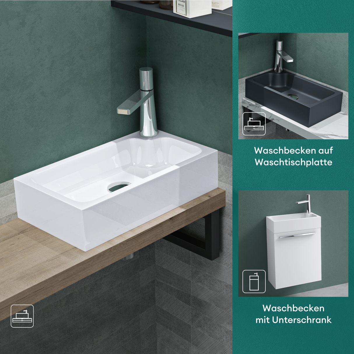 glasvilla Waschbecken Gäste WC Aufsatzwaschbecken mit Hahnloch 46x26x11cm Mineralguss Eckig Klein Waschschale Waschplatz Colossum101