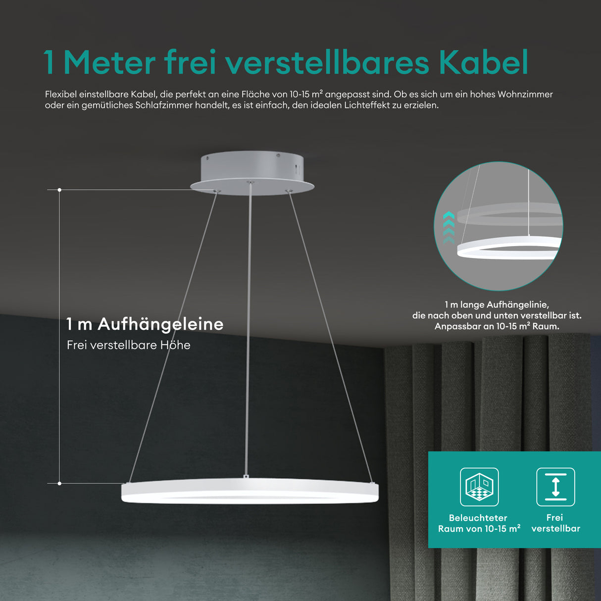 glasvilla Lampadario a Sospensione 16W, 50CM, Lampada da Soffitto a Sospensione 3000K/4000K/6000K con Cavo Regolabile per Camera da Letto e Soggiorno