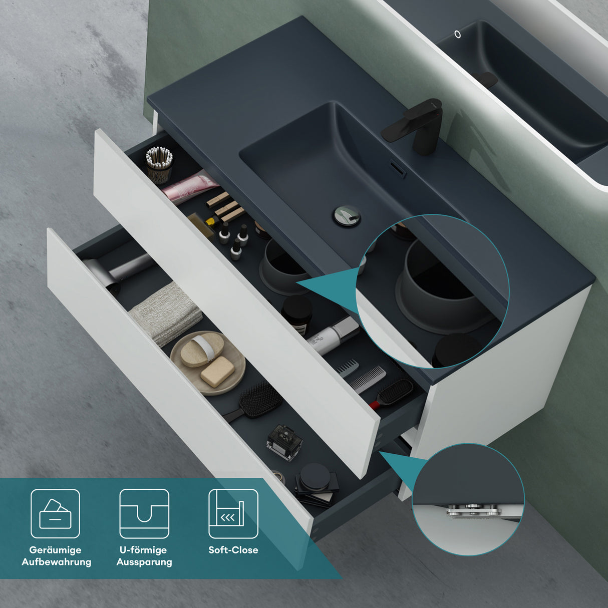 glasvilla Mobile Bagno Sospeso con Lavabo da Marmo Fuso  Antracite Mobile da Bagno con 2 Cassetti a Chiusura Soft-close Aqualis