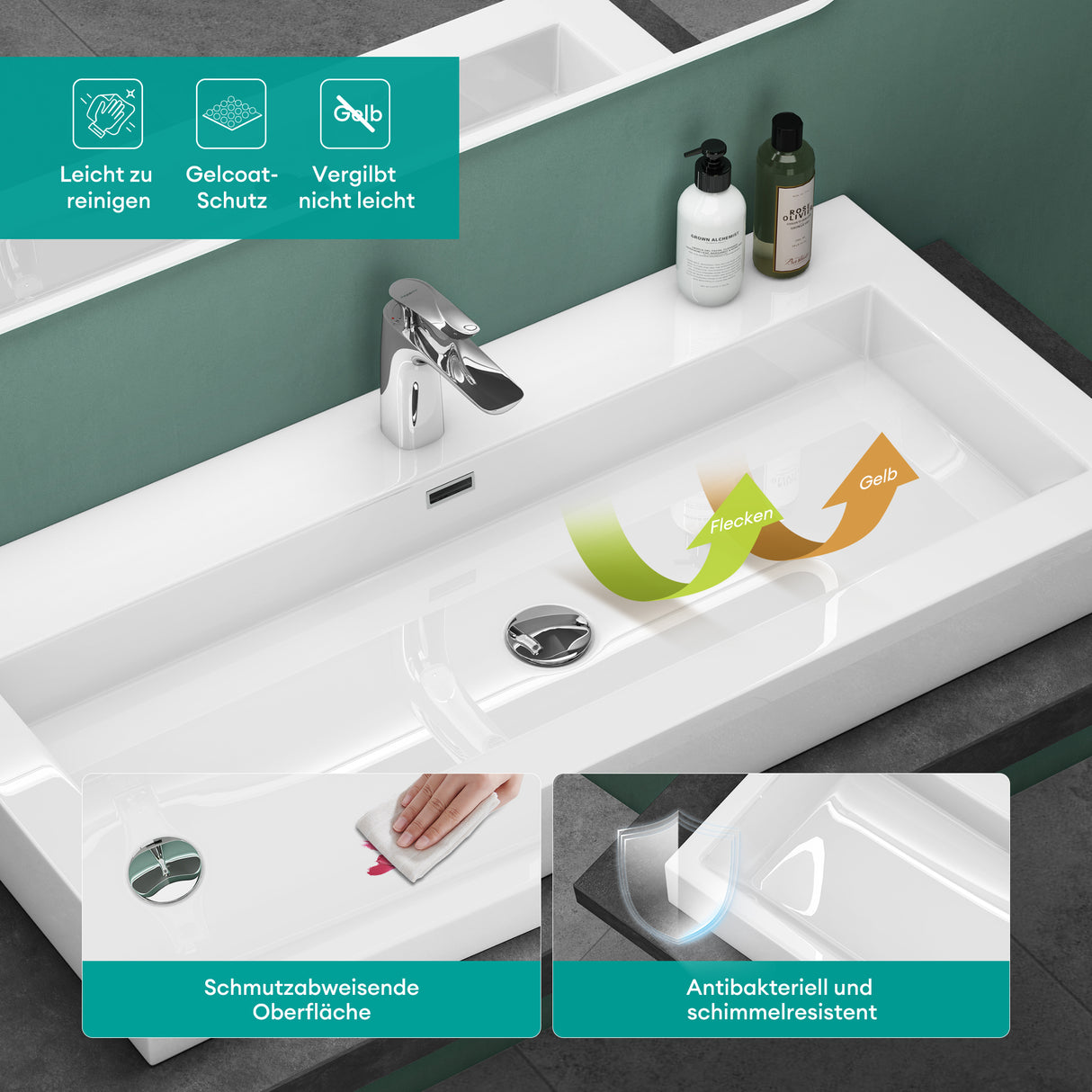 glasvilla Lavabo da Appoggio da Marmo Fuso Lavandino Bagno Rettangolare con 1 Foro per Rubinetto Colossum18