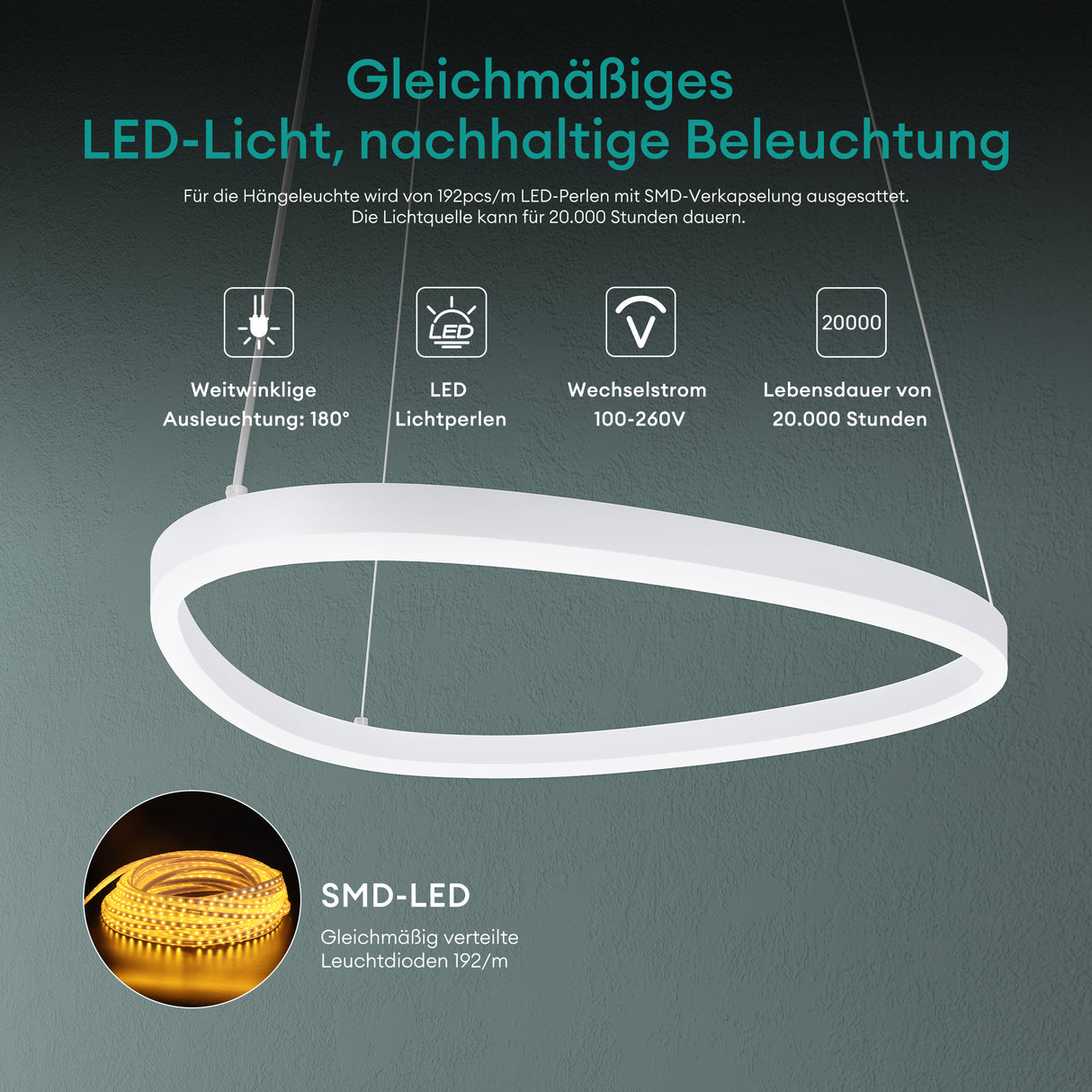 glasvilla Lampadario a Sospensione 16W, 50CM, Lampada da Soffitto a Sospensione 3000K/4000K/6000K con Cavo Regolabile per Camera da Letto e Soggiorno
