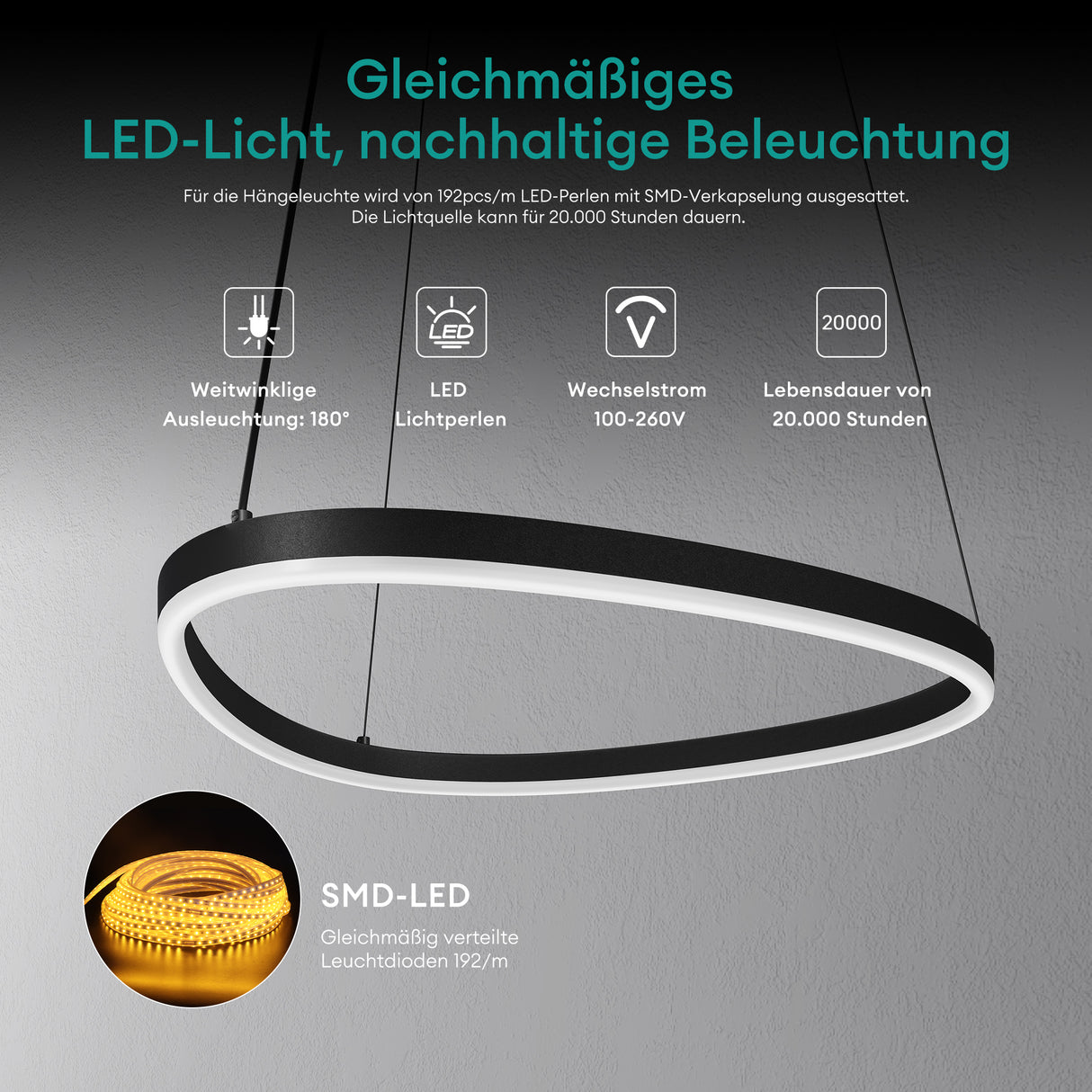 glasvilla Lampadario a Sospensione 16W, 50CM, Lampada da Soffitto a Sospensione 3000K/4000K/6000K con Cavo Regolabile per Camera da Letto e Soggiorno