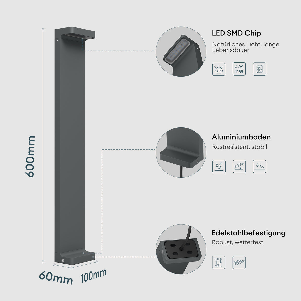 glasvilla luce da esterno 10x6x60cm IP65 luce da percorso esterna | Lampada da terra per giardino, lampada da giardino 3000K | Lampada da terra per esterni 6W LumaTorch 