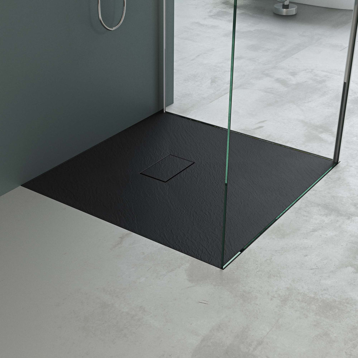 Piatto doccia Glasvilla Geoma06 in ghisa minerale piatta con attacchi DIN per installazione a filo pavimento