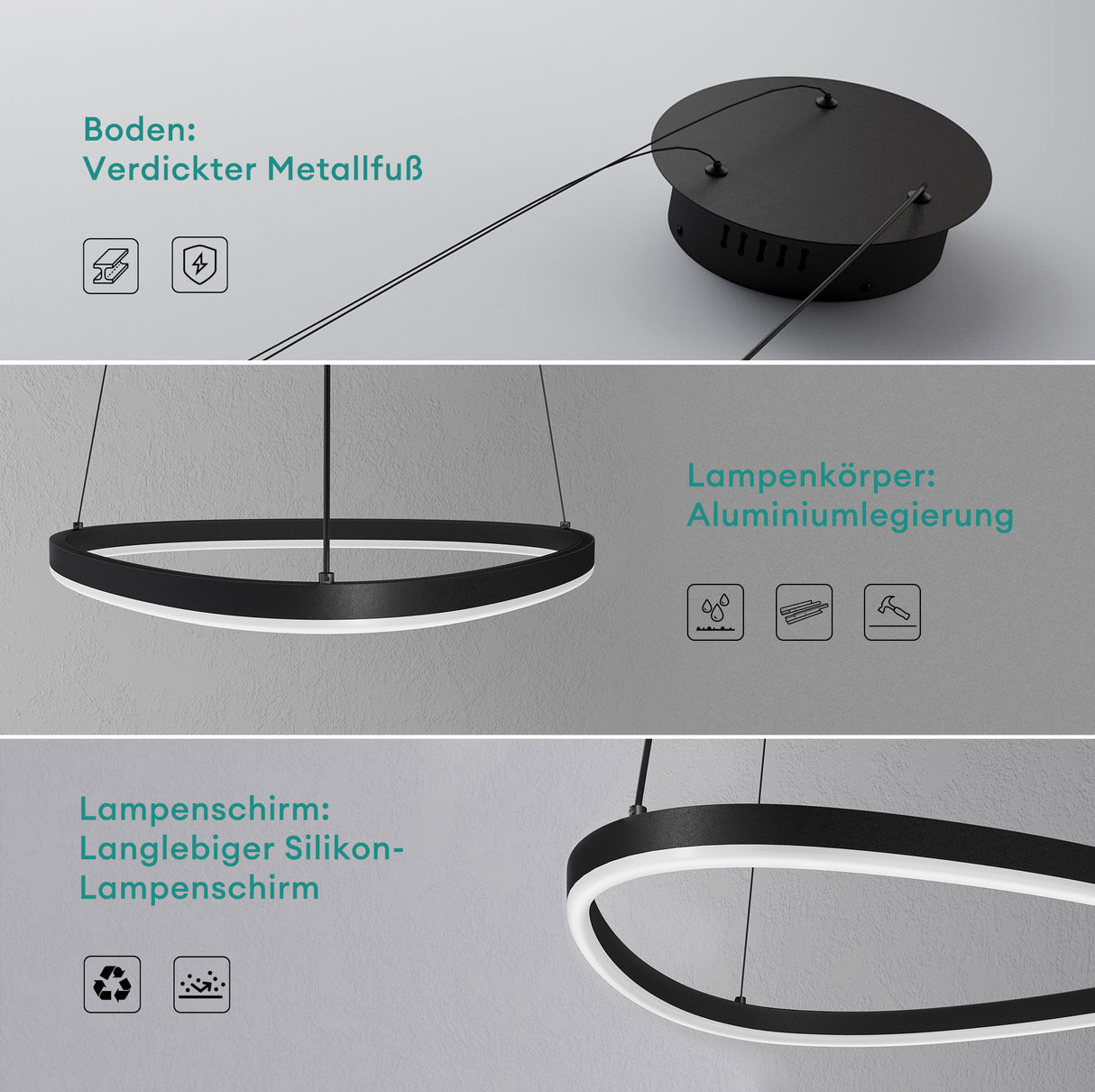 glasvilla Lampadario a Sospensione 16W, 50CM, Lampada da Soffitto a Sospensione 3000K/4000K/6000K con Cavo Regolabile per Camera da Letto e Soggiorno