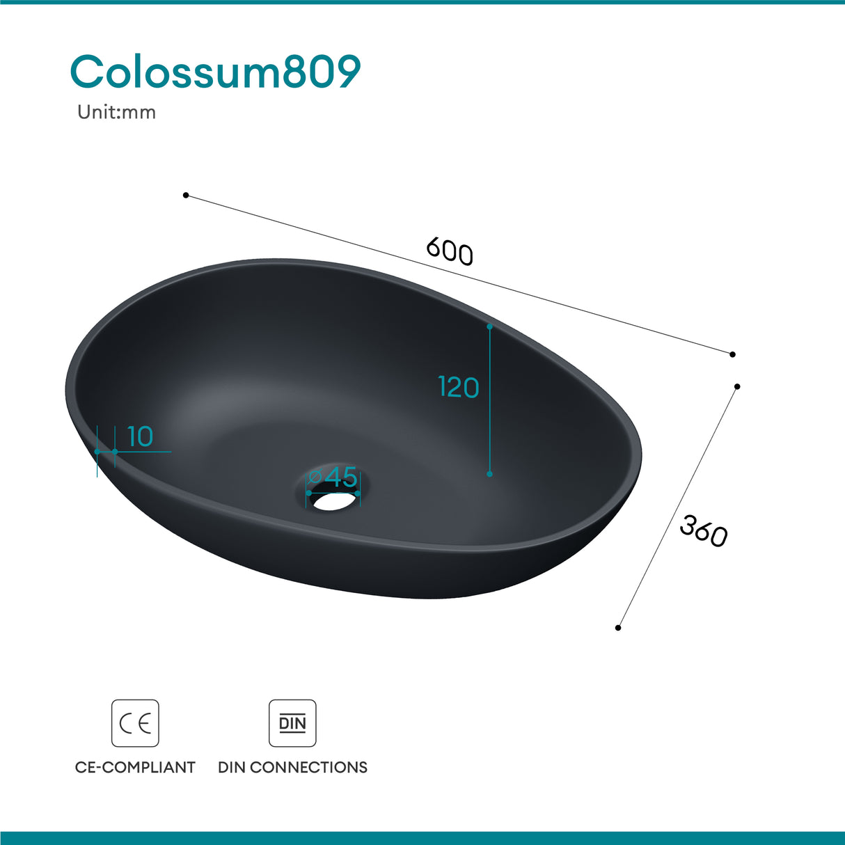 lavabo ovalado de encimera sin orificio para grifo y desagüe Col809