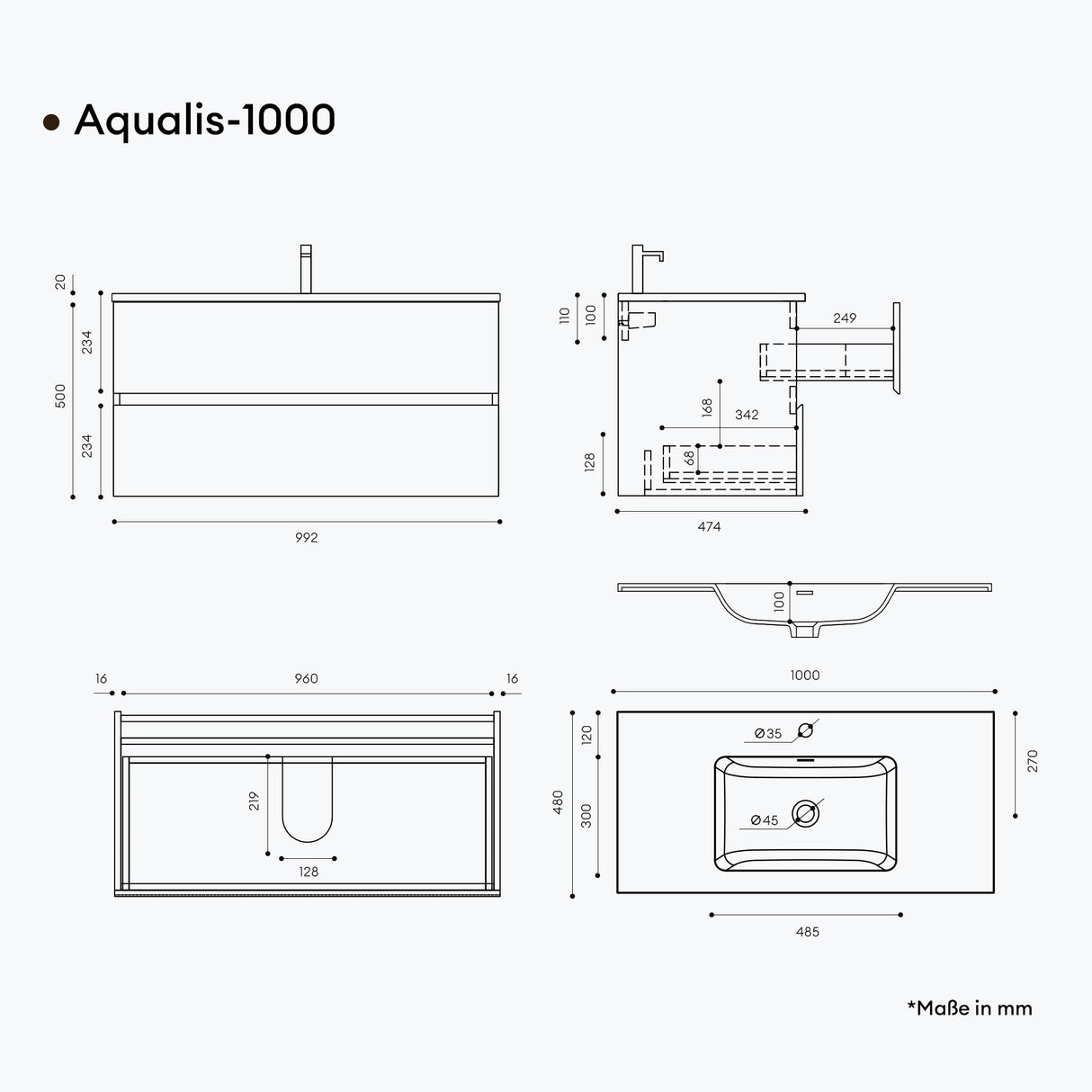 glasvilla Mobile Bagno Sospeso con Lavabo da Marmo Fuso  Antracite Mobile da Bagno con 2 Cassetti a Chiusura Soft-close Aqualis