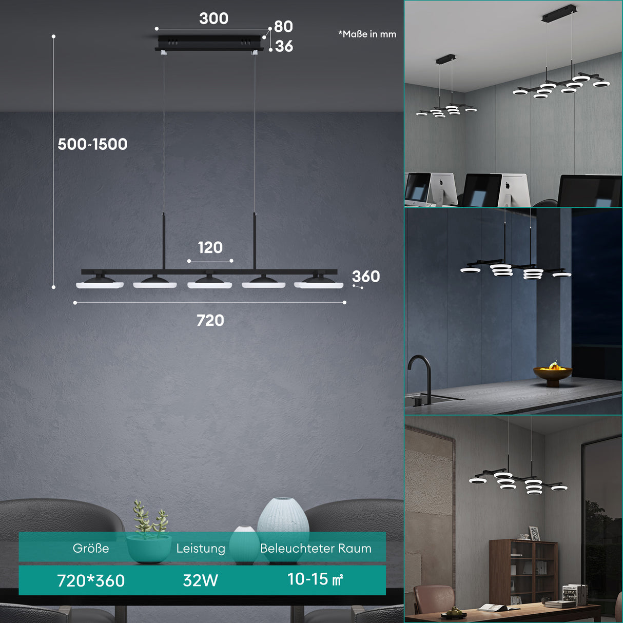glasvilla Lampadario a Sospensione con Cavo Regolabile Lampada da Soffitto a Sospensione LED Dimmerabile con Telecomando per Sala da Pranzo, Camera da Letto e Soggiorno