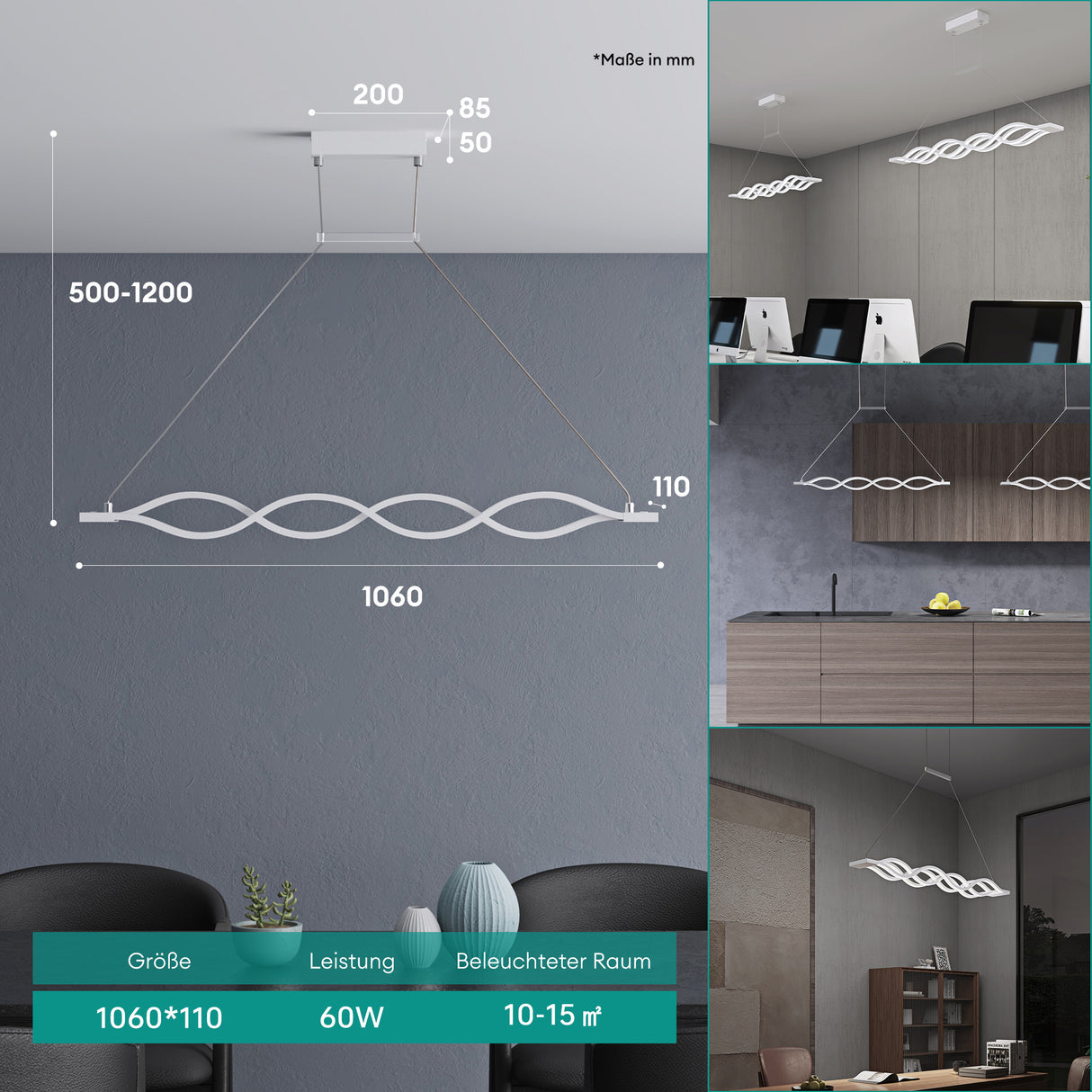 glasvilla Lampadario a Sospensione con Cavo Regolabile Lampada da Soffitto a Sospensione LED Dimmerabile con Telecomando per Sala da Pranzo, Camera da Letto e Soggiorno