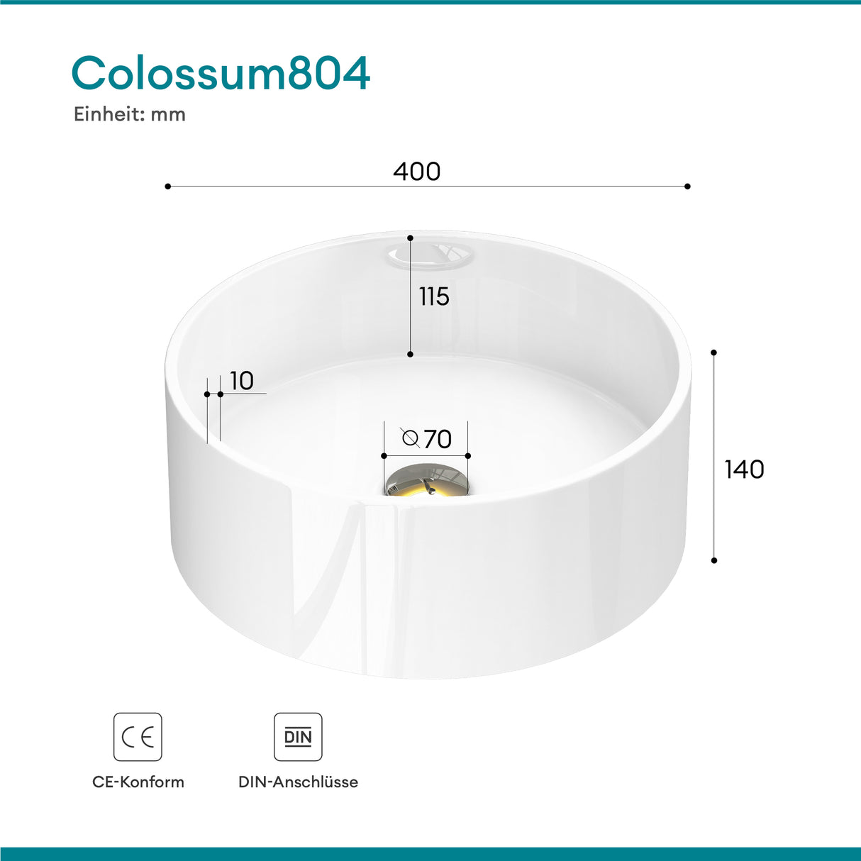 Vasque ronde Glasvilla 40x40x15cm Col804 à poser, sans trou de robinetterie ni trop-plein