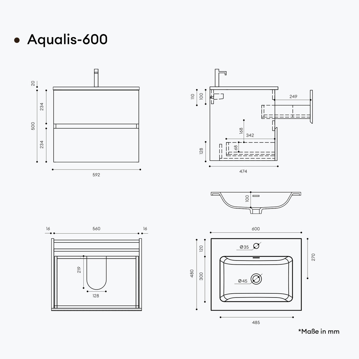 glasvilla Mobile Bagno Sospeso con Lavabo da Marmo Fuso  Antracite Mobile da Bagno con 2 Cassetti a Chiusura Soft-close Aqualis