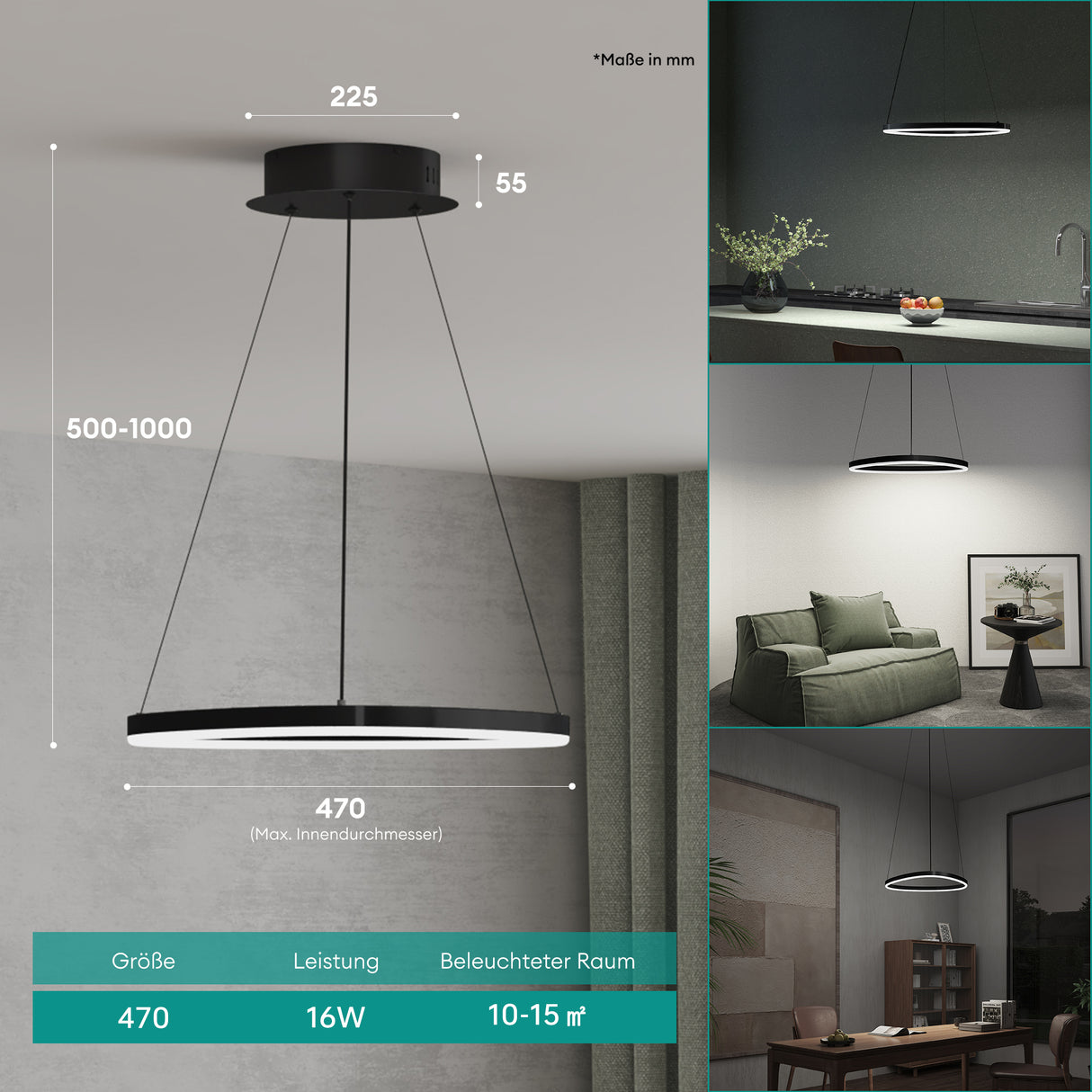 glasvilla Lampadario a Sospensione 16W, 50CM, Lampada da Soffitto a Sospensione 3000K/4000K/6000K con Cavo Regolabile per Camera da Letto e Soggiorno