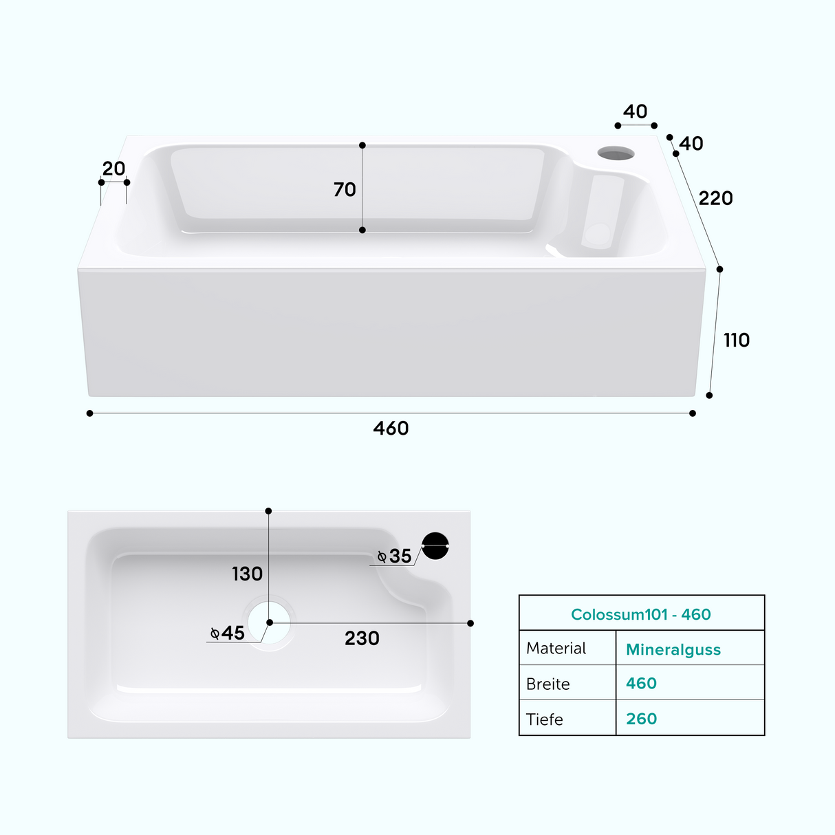 glasvilla Waschbecken Gäste WC Aufsatzwaschbecken mit Hahnloch 46x26x11cm Mineralguss Eckig Klein Waschschale Waschplatz Colossum101
