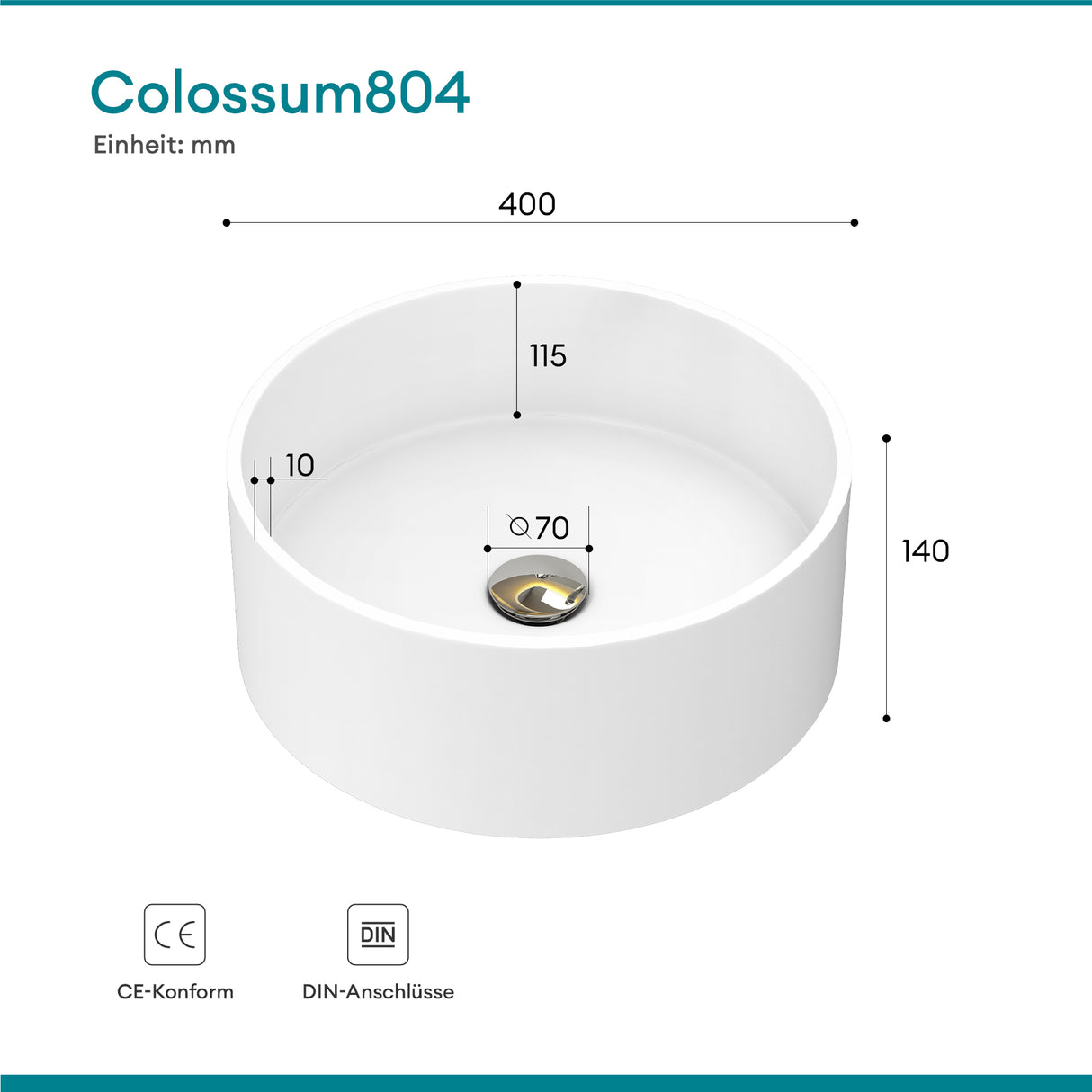Vasque ronde Glasvilla 40x40x15cm Col804 à poser, sans trou de robinetterie ni trop-plein