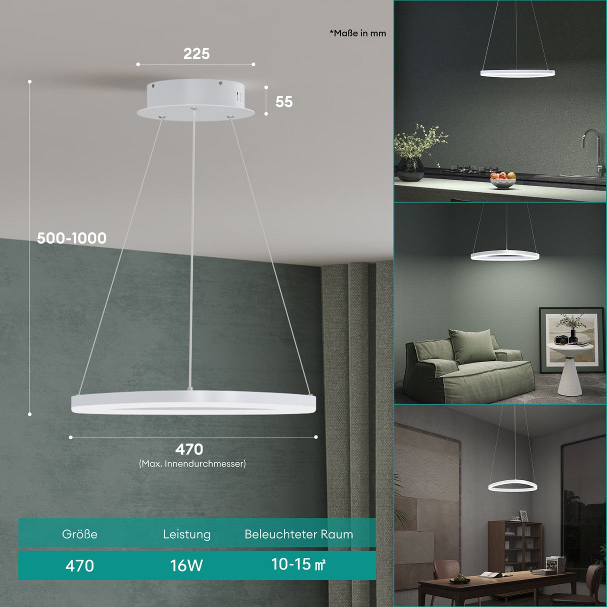 glasvilla Lampadario a Sospensione 16W, 50CM, Lampada da Soffitto a Sospensione 3000K/4000K/6000K con Cavo Regolabile per Camera da Letto e Soggiorno
