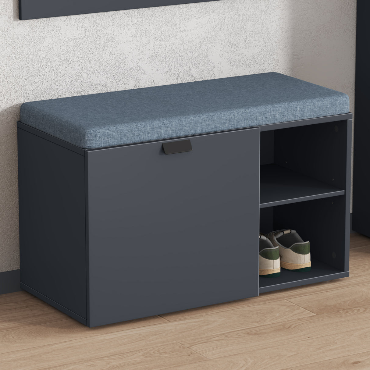 glasvilla Schuhbank mit Sitzfläche, Schuhregal mit Schiebetüren und offenen Fächern, gepolsterter Sitz, verstellbare Ablagen  80x37x50cm Zitta-01