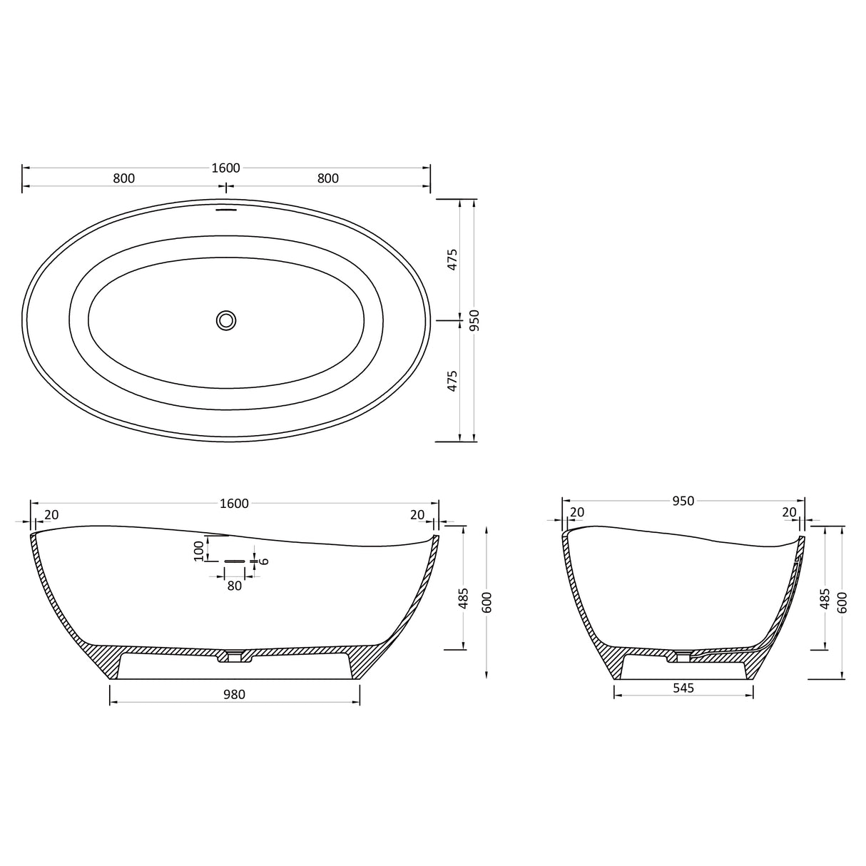 glasvilla Vasca da Bagno Freestanding, Vasca da Bagno in Marmo Fuso con Rivestimento Nano, Bianca Opaca