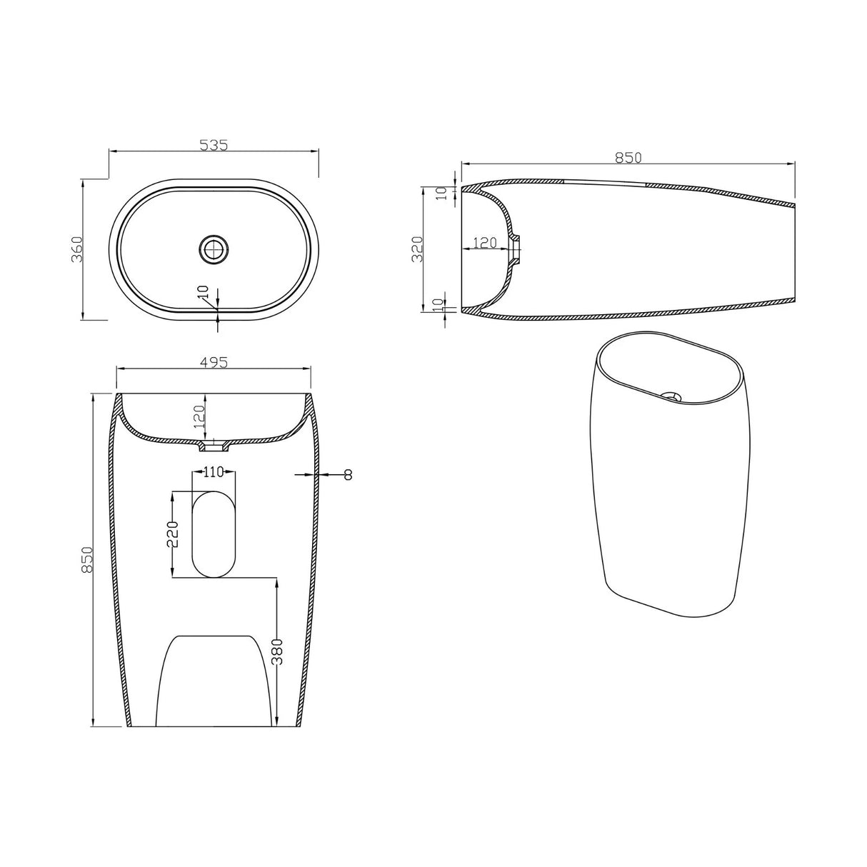 Lavabo a colonna Glasvilla Design, freestanding Col32 in ghisa minerale, lavabo a colonna