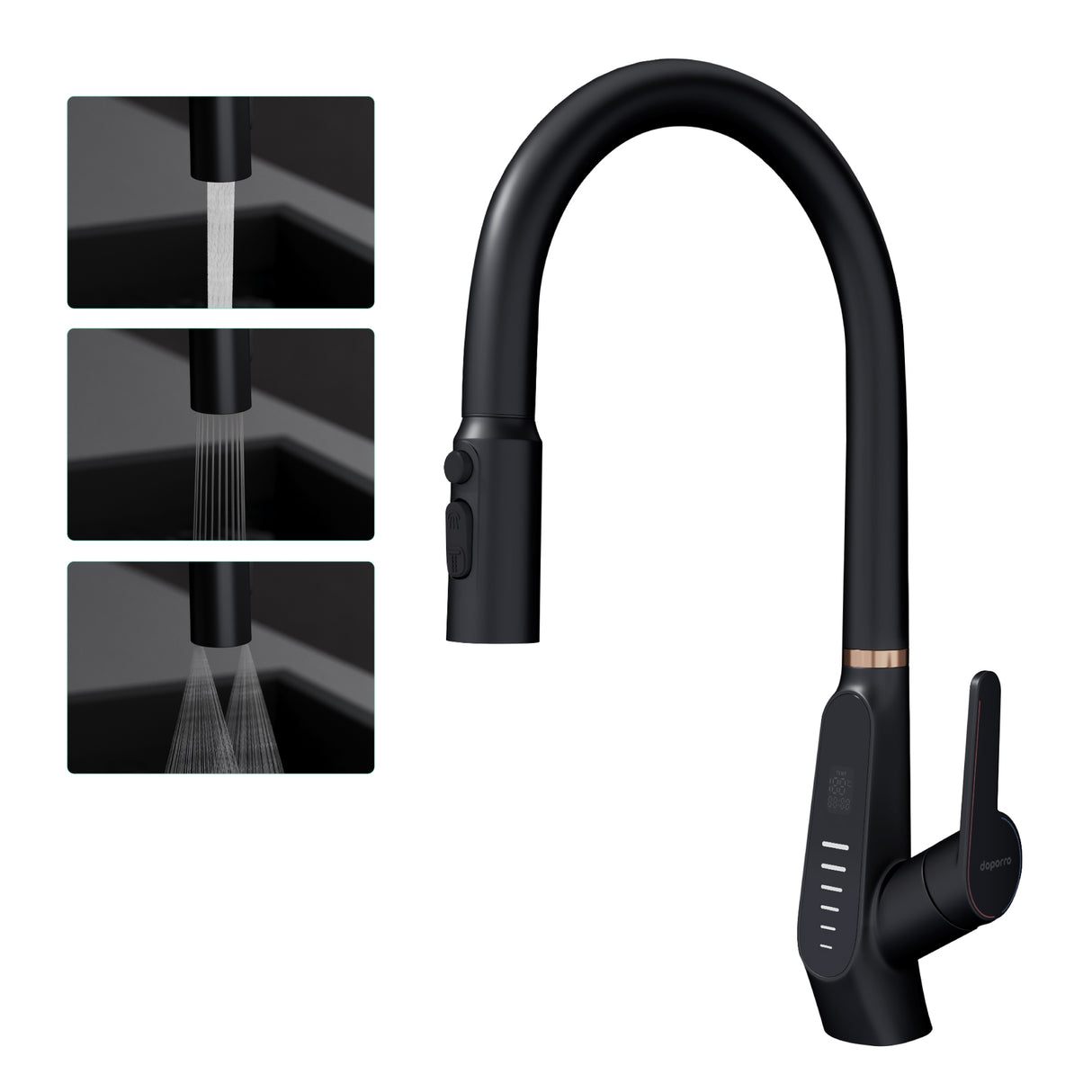glasvilla Rubinetto da Cucina Estraibile con 3 Modalità e di Getto e Display digitale a LED Rubinetto per Lavello con Tubi e Accesorri Ruotabile a 360° MS-8085