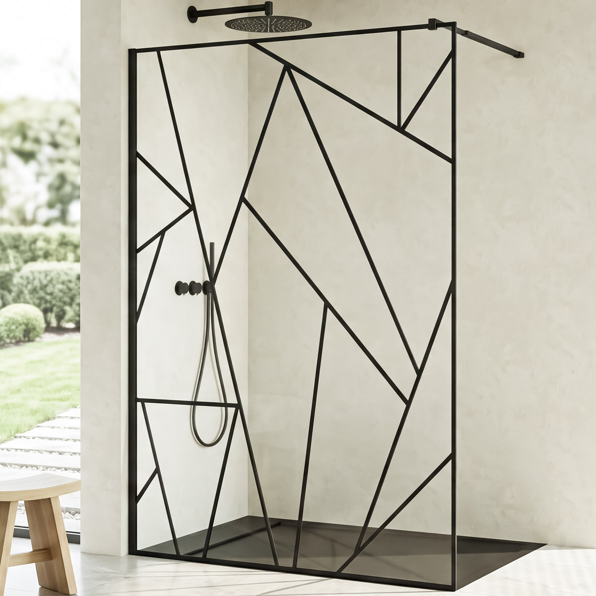 glasvilla Duschwand für Dusche Duschabtrennung  Walk-In Dusche  Duschtrennwand Schwarz 8mm ESG-Sicherheitsglas NANO Klarglas mit geometrischem Design MMBR3 Bremen01Plus-GM