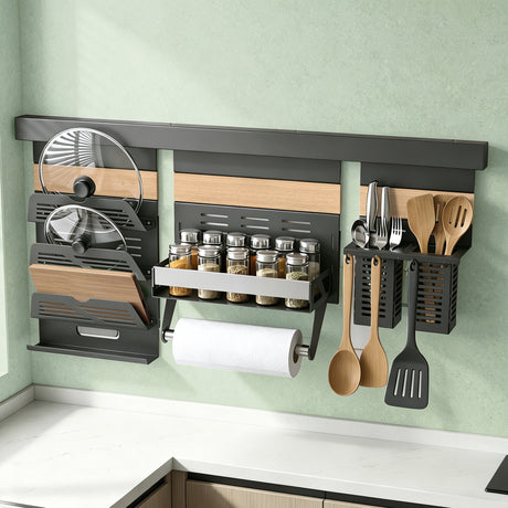 glasvilla Porta Spezie con Supporto per Cellulare o Porta Rotolo, Porta Coperchi a 3 Livelli e Porta Mestoli con 5 Ganci da Cucina, da Appendere con Guide, Reglo-09-12
