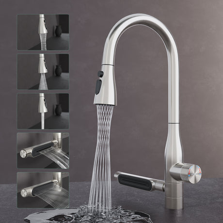 glasvilla Rubinetto per Cucina, 5 Modalità con Doccetta Estraibile, Rubinetto Lavello Cucina in Acciaio Inossidabile 304 con Cartuccia Ceramica, Tubi e Accesorri, Design Moderno Argento Turnix-03