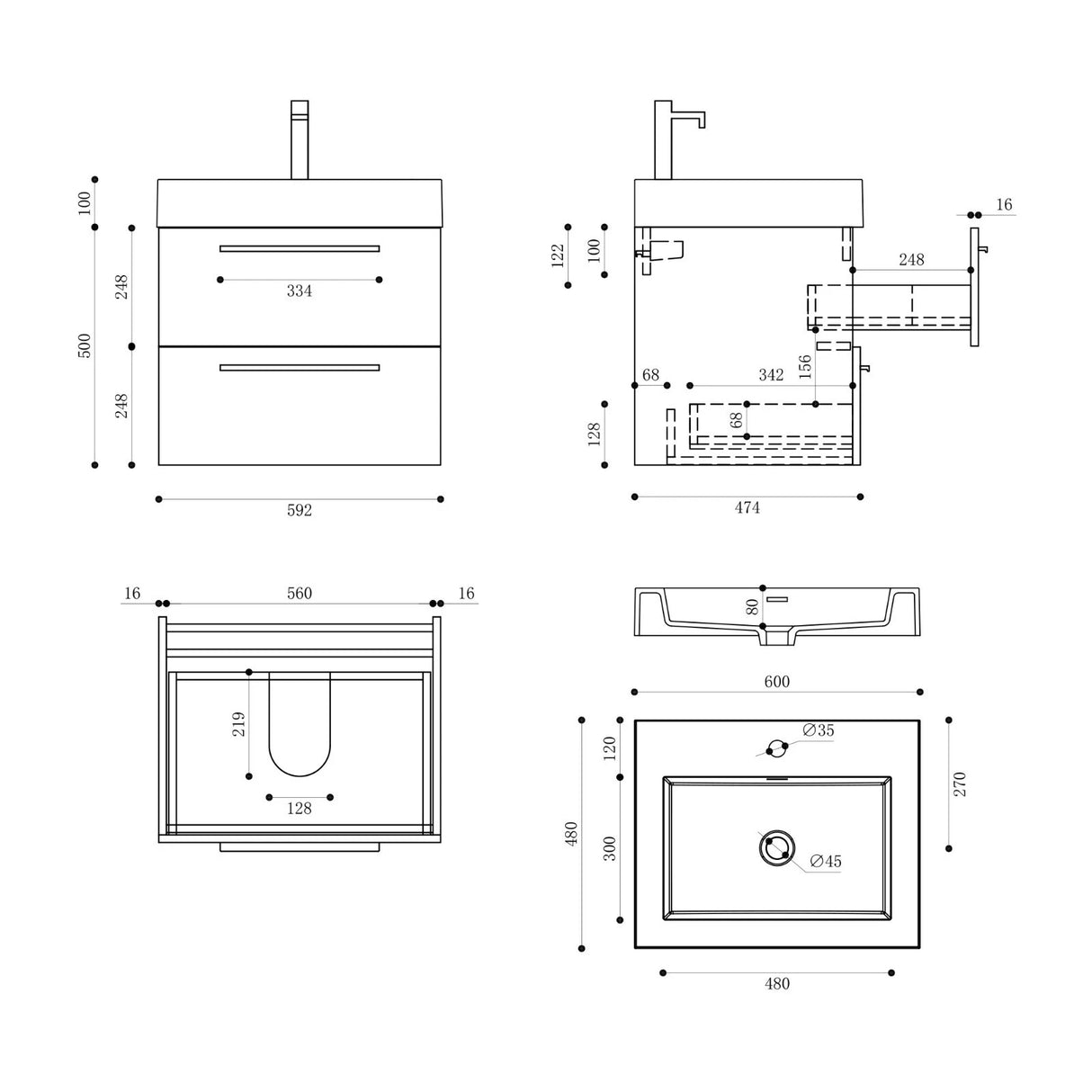 glasvilla Badmöbel-Set Waschbeckenunterschrank Waschtisch mit Unterschrank inkl. Mineralguss-Waschbecken in Anthrazit Quadratto