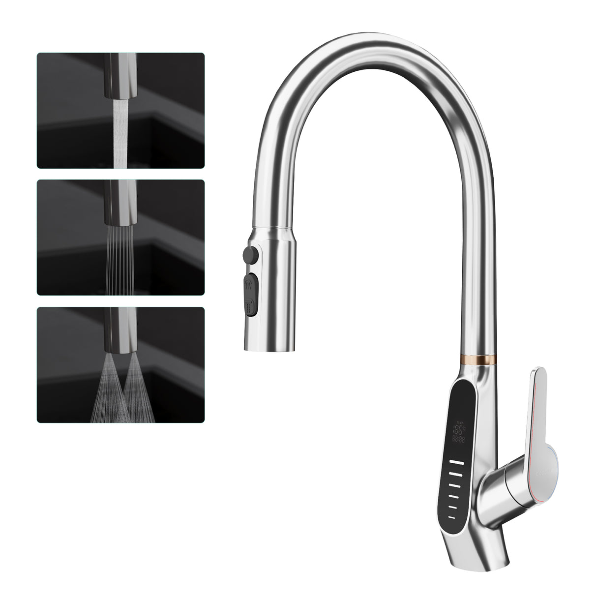 glasvilla Rubinetto da Cucina Estraibile con 3 Modalità e di Getto e Display digitale a LED Rubinetto per Lavello con Tubi e Accesorri Ruotabile a 360° MS-8085