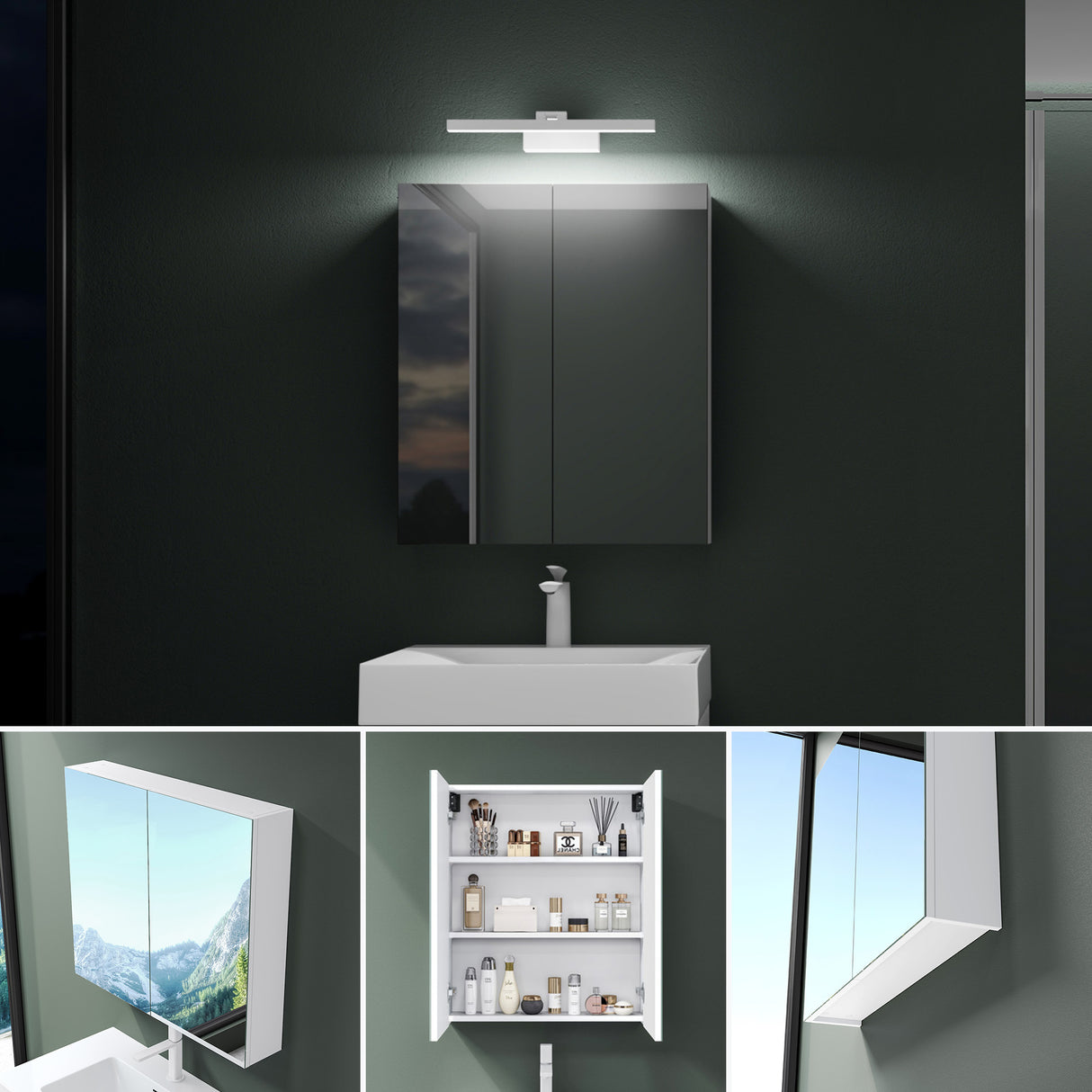 glasvilla Armadietto a Specchio con Lampada da Specchio LED per Bagno, Mobiletto da Parete per Bagno con Specchio e Luce a Specchio Spiegelschrank 02