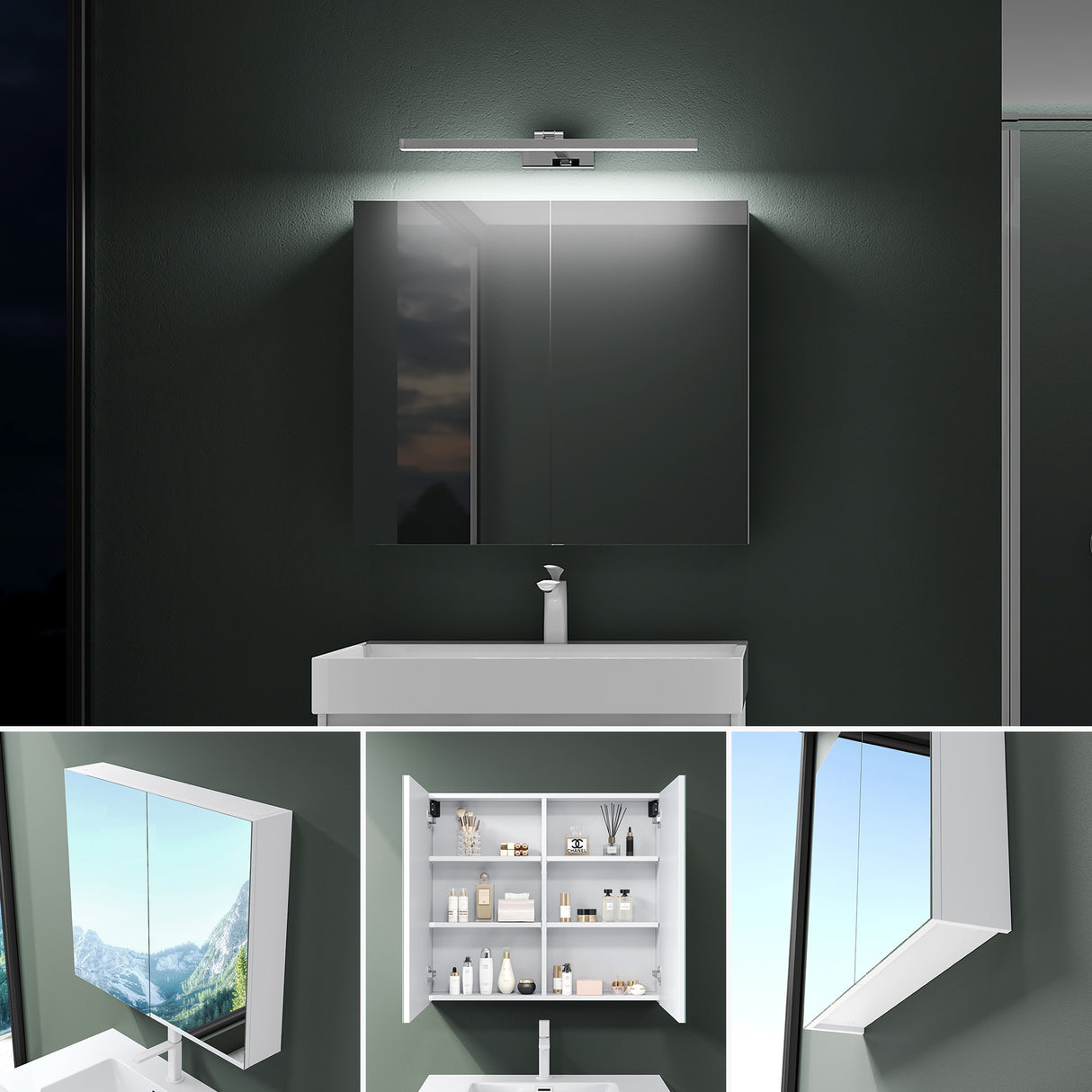glasvilla Armadietto a Specchio con Lampada da Specchio LED per Bagno, Mobiletto da Parete per Bagno con Specchio e Luce a Specchio Spiegelschrank 02
