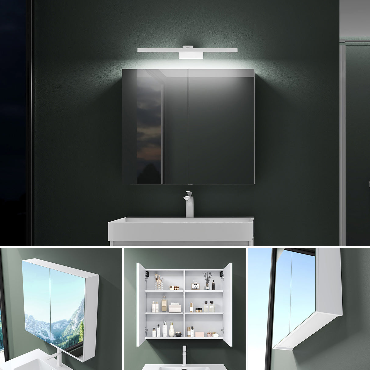 glasvilla Armadietto a Specchio con Lampada da Specchio LED per Bagno, Mobiletto da Parete per Bagno con Specchio e Luce a Specchio Spiegelschrank 02