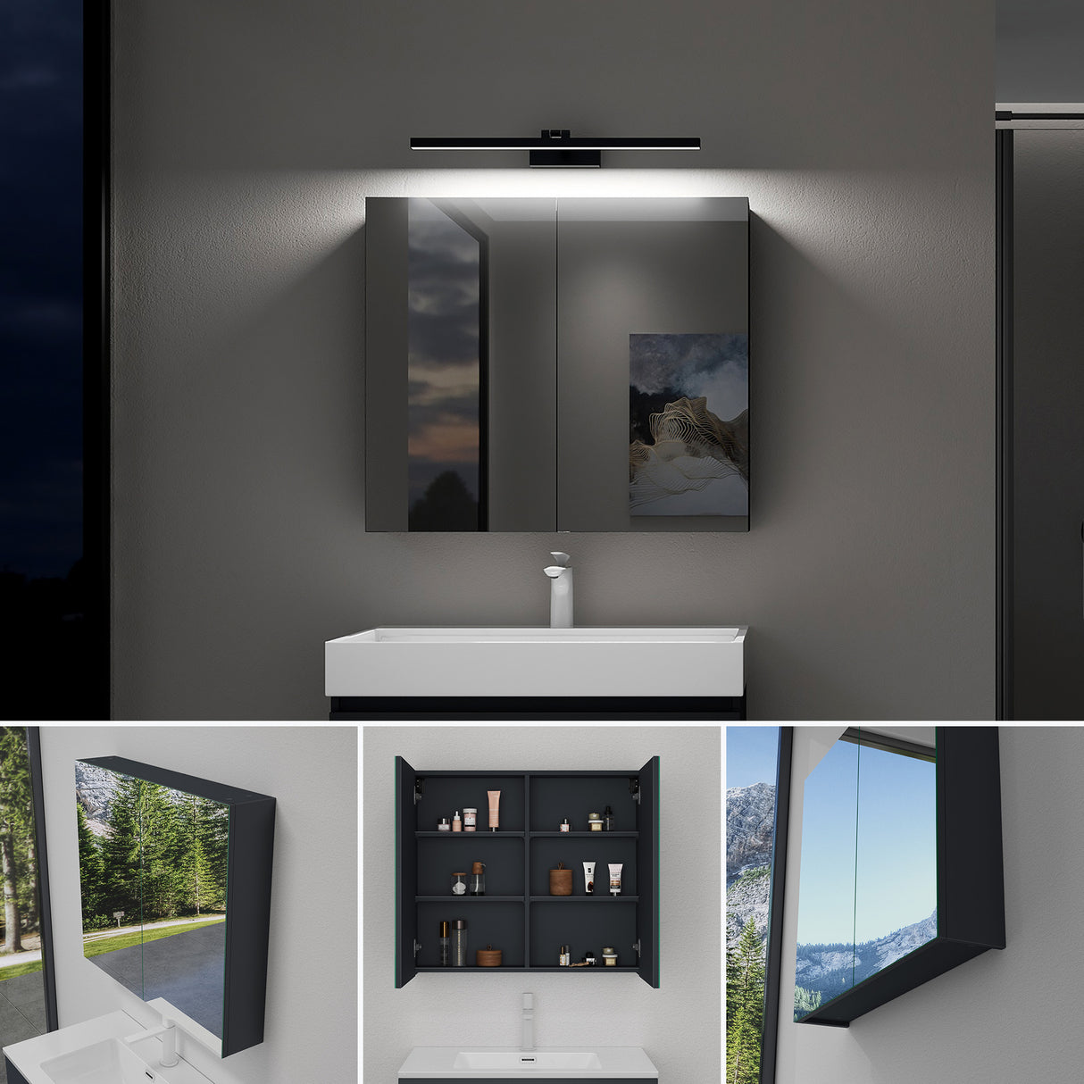 glasvilla Armadietto a Specchio con Lampada da Specchio LED per Bagno, Mobiletto da Parete per Bagno con Specchio e Luce a Specchio Spiegelschrank 02
