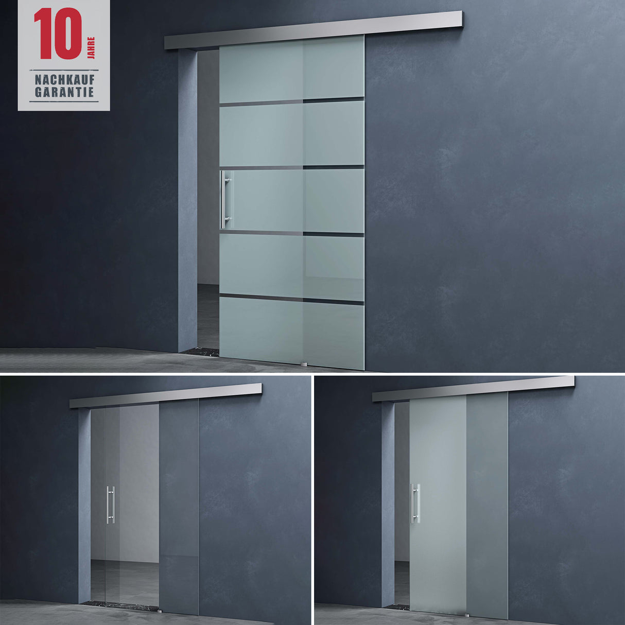 Porta scorrevole in vetro Glasvilla, set completo Amalfi, altezza 2050 mm, tipo di maniglia: maniglia a barra, inclusa chiusura ammortizzata automatica, vetro di sicurezza ESG da 8 mm.