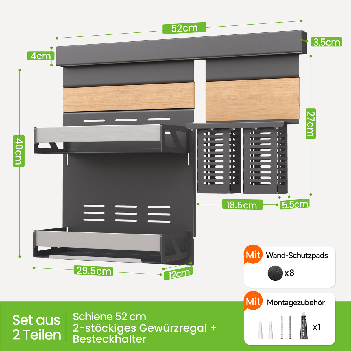 glasvilla Porta Spezie con Supporto per Cellulare o Porta Rotolo, Porta Coperchi a 3 Livelli e Porta Mestoli con 5 Ganci da Cucina, da Appendere con Guide, Reglo-09-12