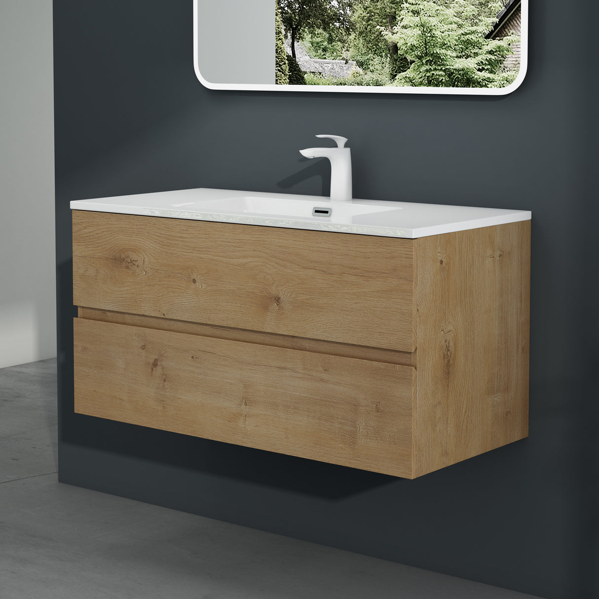 glasvilla Badmöbel-Set Waschtisch mit Unterschrank Mineralguss Waschbecken Waschbeckenunterschrank  2-Schubladen Soft-Close Aqualis