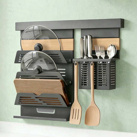 glasvilla Porta Spezie con Supporto per Cellulare o Porta Rotolo, Porta Coperchi a 3 Livelli e Porta Mestoli con 5 Ganci da Cucina, da Appendere con Guide, Reglo-09-12