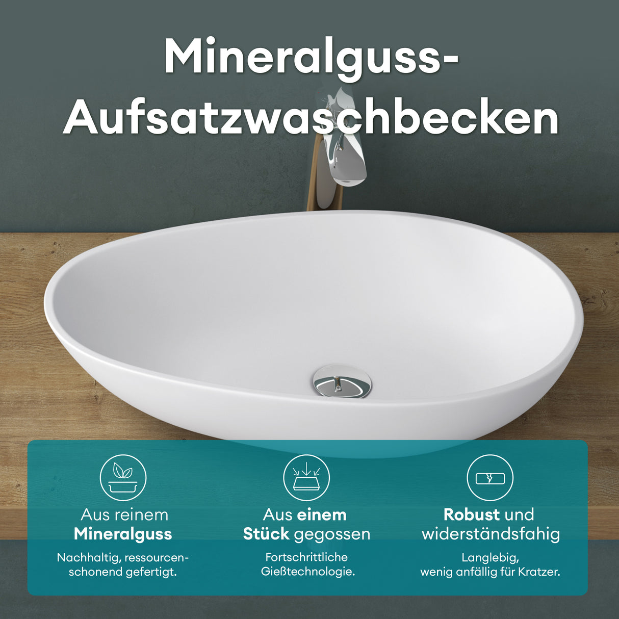 lavabo ovalado de encimera sin orificio para grifo y desagüe Col809