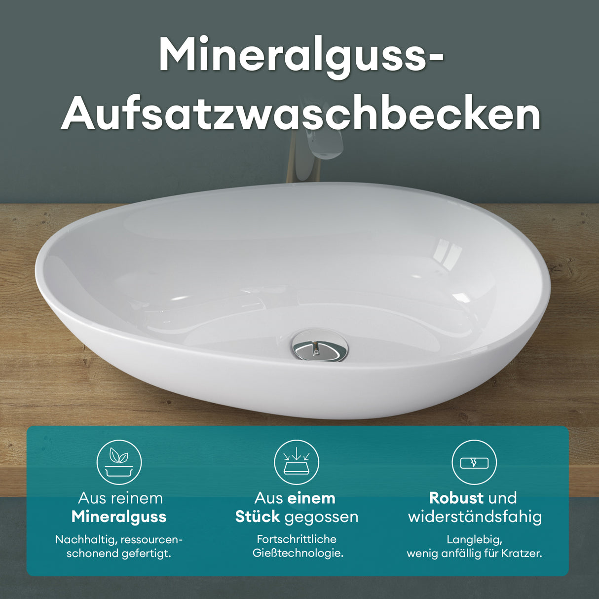 lavabo ovalado de encimera sin orificio para grifo y desagüe Col809