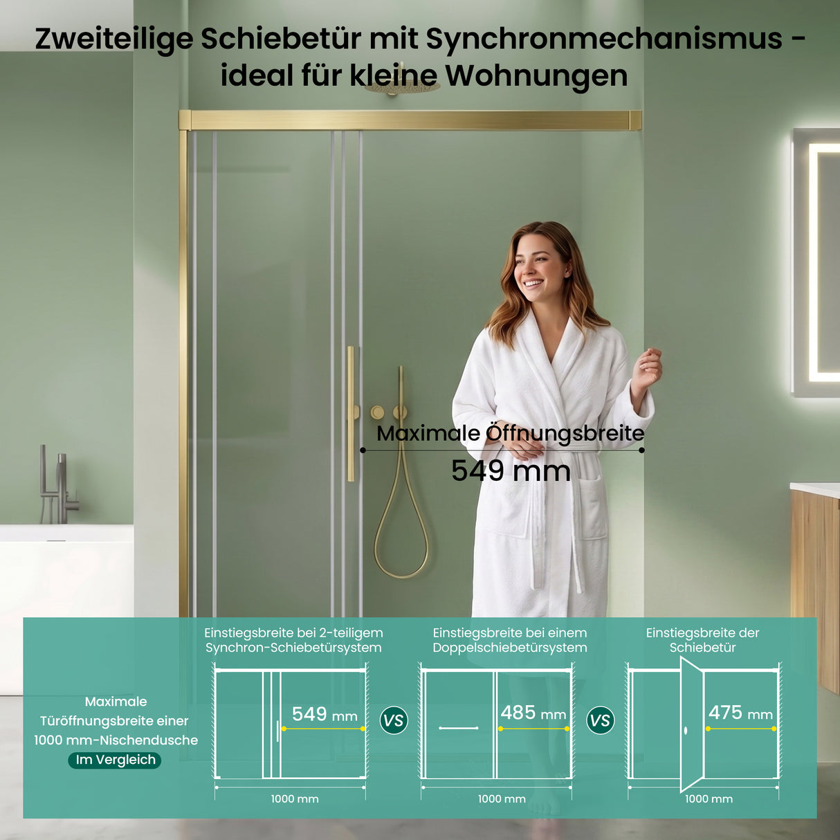 glasvilla Schiebetür für dusche, Nischentür 3-teilig Duschtür Duschakbine Duschabtrennung, 8mm Sicherheitsglas mit Nanobeschichtung, Soft-Close-System Teramo70K