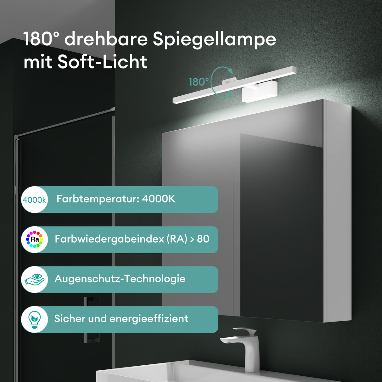 glasvilla Armadietto a Specchio con Lampada da Specchio LED per Bagno, Mobiletto da Parete per Bagno con Specchio e Luce a Specchio Spiegelschrank 02
