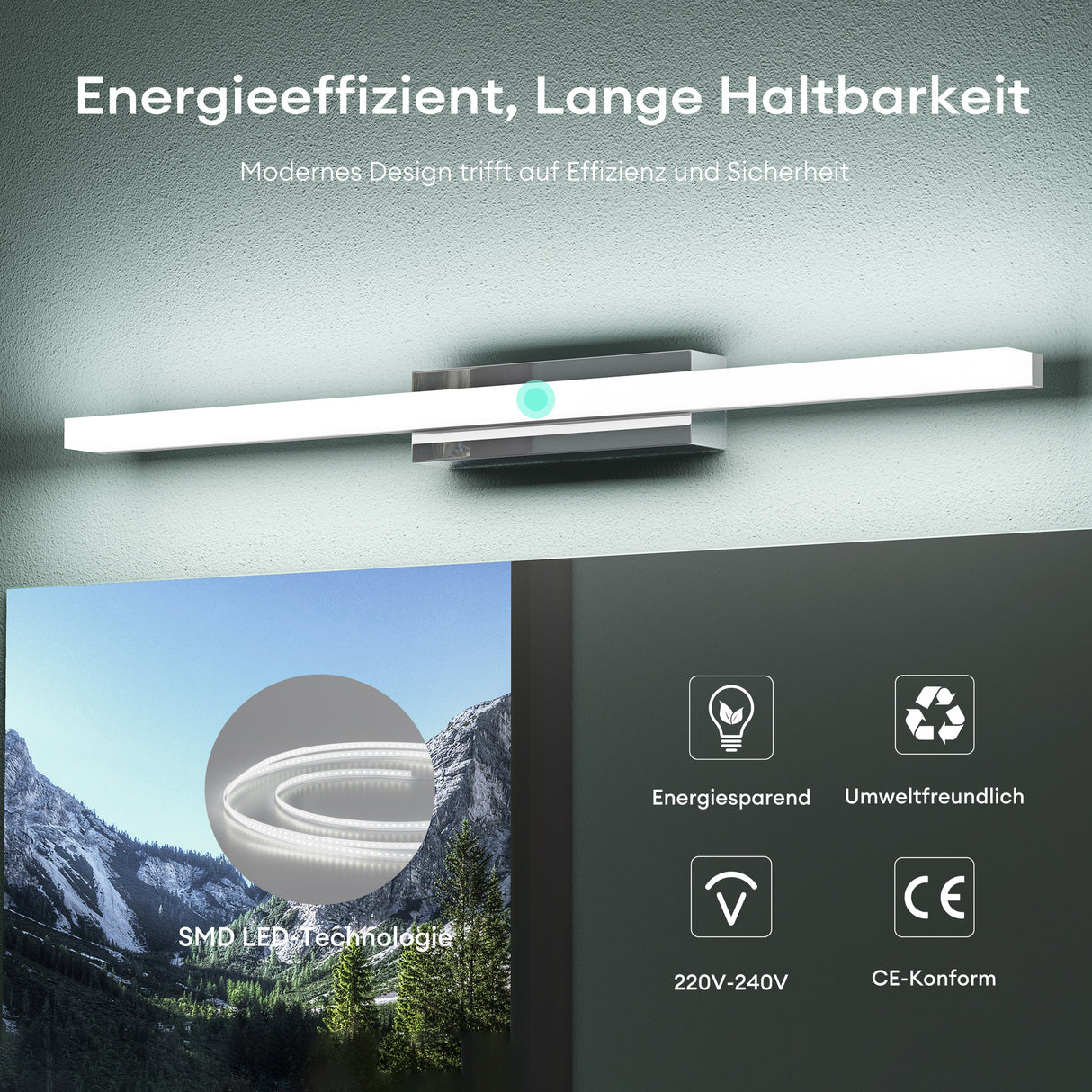lampada da specchio a LED per bagno Glasvilla | Lampada da specchio, lampada da bagno 6000K | Applique a LED 9W con fascio di specchio 