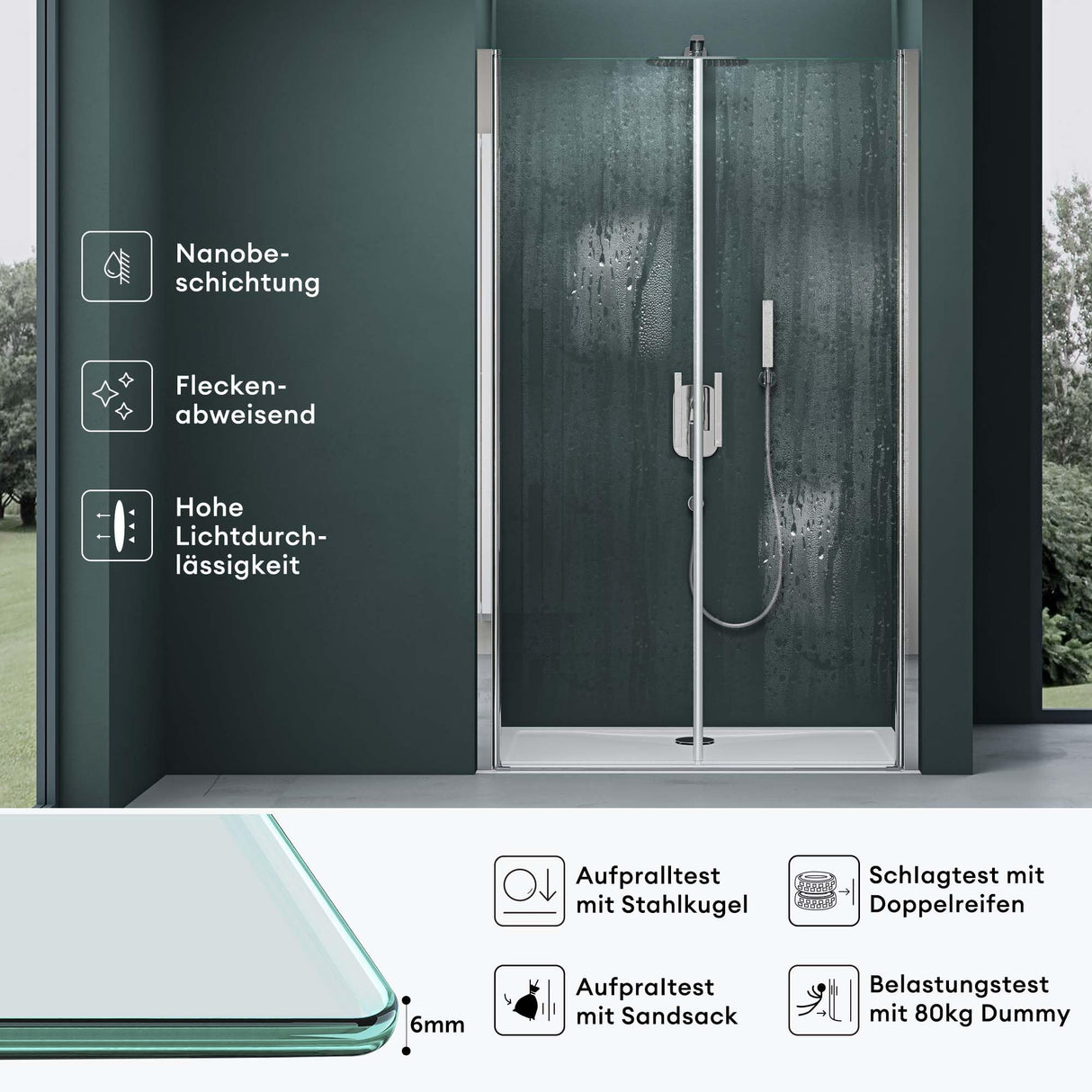 glasvilla Duschtür Nischentür dusche Duschabtrennung Duschkabine Schwingtür 180° Doppeltür 6mm ESG Nano-Beschichtung Klarglas/Satiniert Streifen/Vollsatiniert mit Hebe- und Senkmechanismus Teramo24K+MS+VS