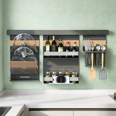 glasvilla Porta Spezie con Supporto per Cellulare o Porta Rotolo, Porta Coperchi a 3 Livelli e Porta Mestoli con 5 Ganci da Cucina, da Appendere con Guide, Reglo-09-12
