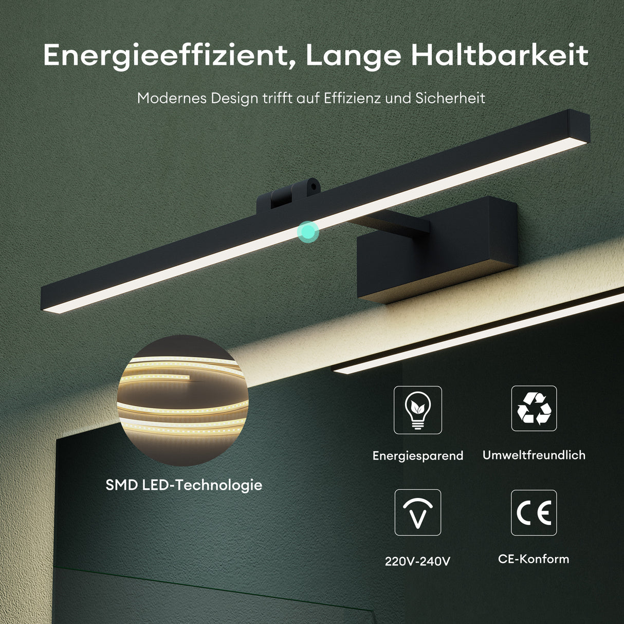 lampada da specchio a LED per bagno Glasvilla | Lampada da specchio, lampada da bagno 4000K | Ruotabile di 180°, 9W, radiosamente bello 