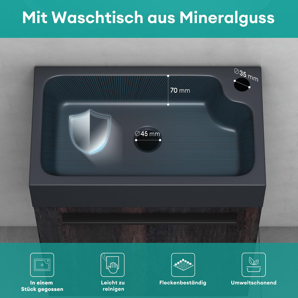 glasvilla Mobile Bagno Sospeso Include Lavabo da Minerale fuso Antracite opaco e Specchio LED Mobile da Bagno 46x26x63cm Pisa